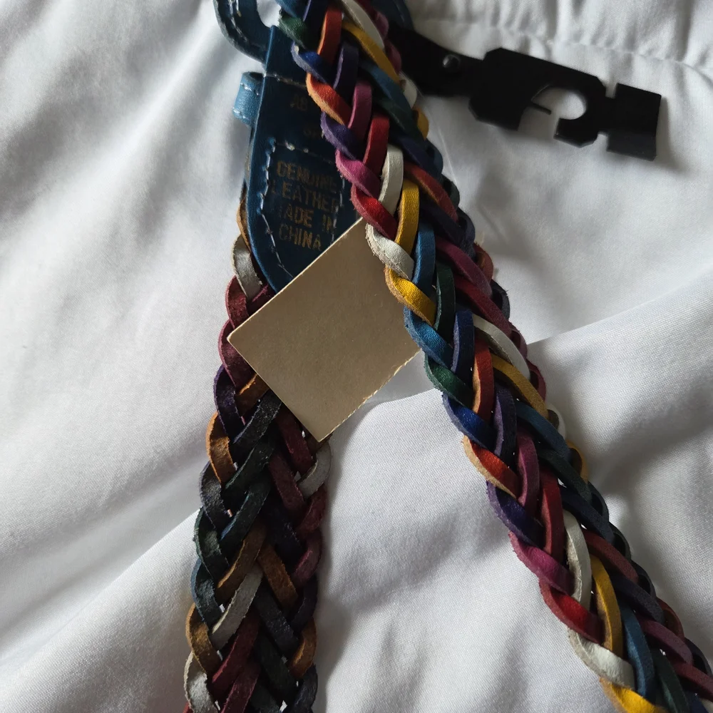 New Old Stock! Colorful Vintage 80s Leather Braided Belt with Blue Buckle